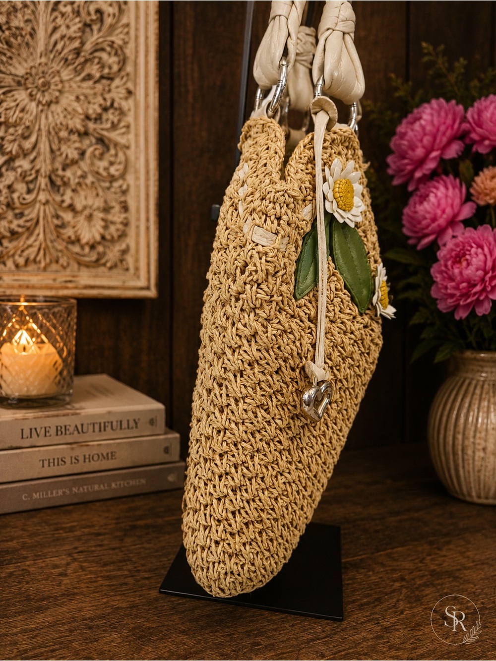 Brighton Madagascar Daisy Raffia Straw Shoulder Bag Purse Floral Details - Picture 7 of 13